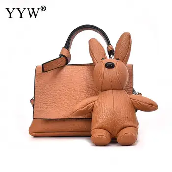 

Leather Handbag High Quality Vintage Tote Shopping Bags Women Shoulder Bags With Little Bear Doll Brown Evening Handbags Female