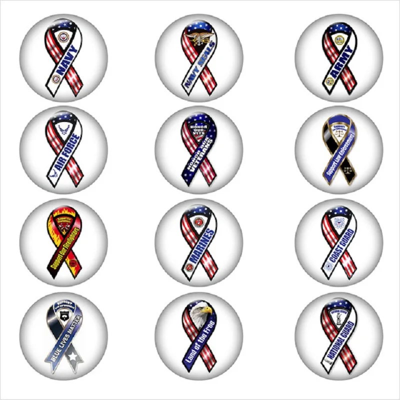 

ARMY Ribbon NAVY MARINE Police US Glass Snap Button Jewelry DIY Round Photo Cabochons Flat Back