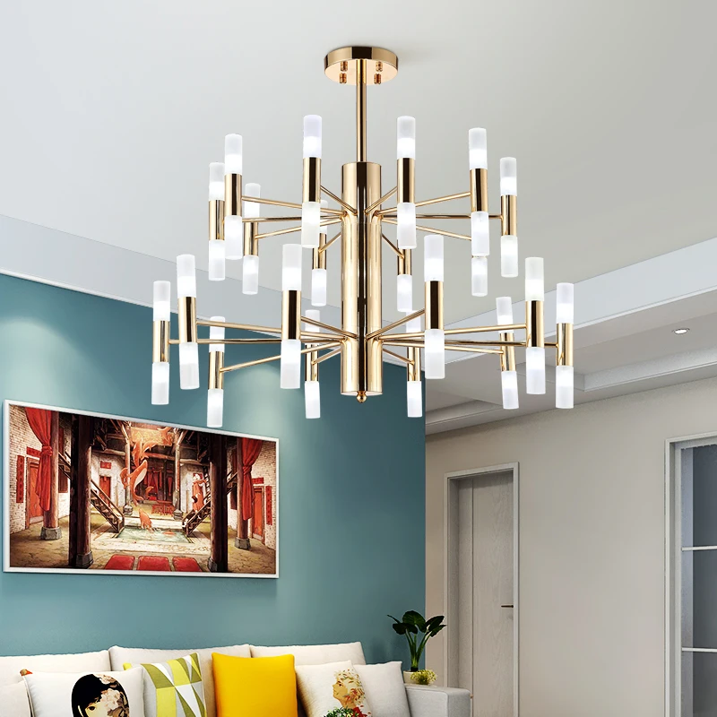 

The creative personality tube lamp of golden chandelier in the living room of postmodern LED art villa