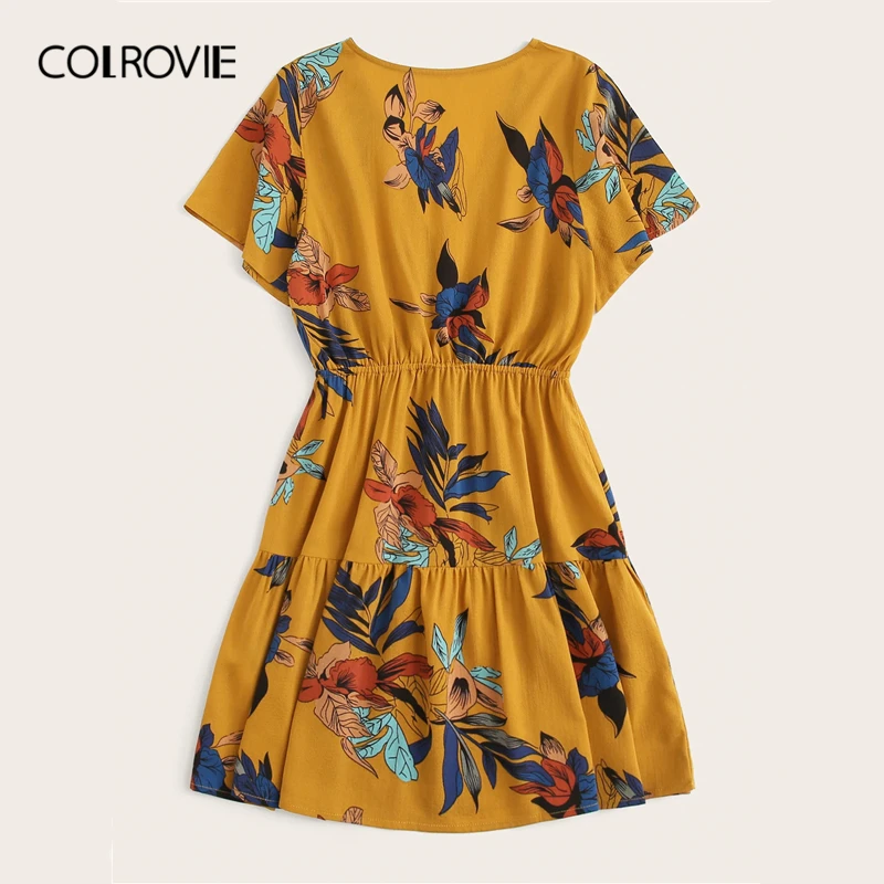 COLROVIE Ginger платье с v-образным вырезом и цветочным принтом, женское платье для отдыха, лето, короткий рукав, гофрированный подол, пляжные платья для женщин