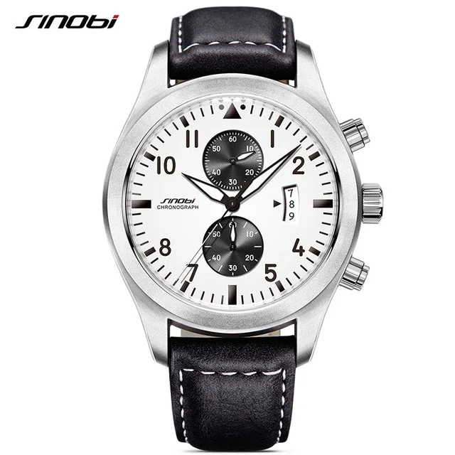 SINOBI Мужские спортивные часы с хронографом, мужские военные кожаные часы, люксовый бренд, мужские кварцевые часы, наручные часы, Relogio Masculino - Цвет: White