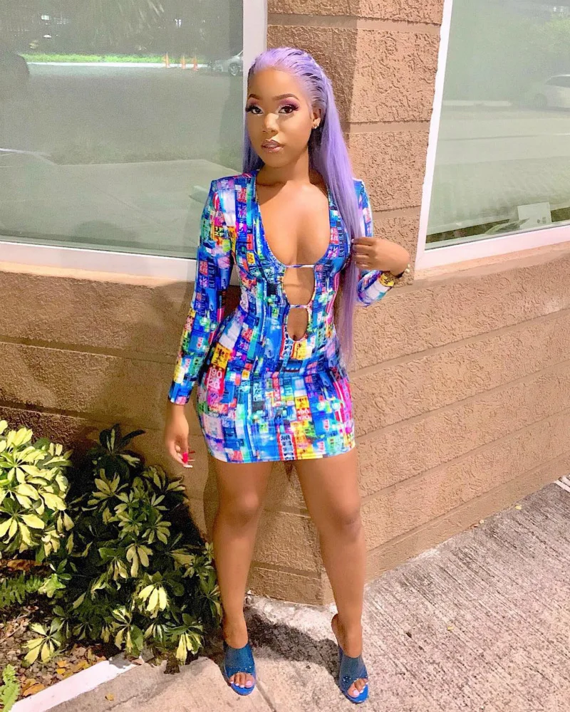 

2019 Summer Sexy Deep V Full- Sleeves Multicolor Printed Mini Skirt Party Night short Dresses P8274