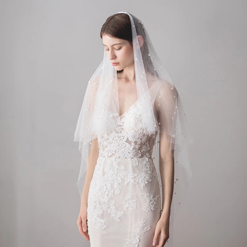 Kaufen SLBRIDAL Zwei Schicht Hochzeit Schleier Mit Kämme Elfenbein Perlen Braut Schleier Hochzeit Zubehör Für Braut Mariage Frauen