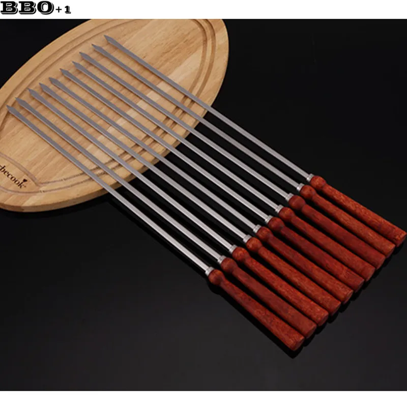 

6pcs 16.9in 43cm Wood BBQ Skewers Stainless Steel Barbecue Grill Needle Wooden Handle BBQ Fork Long Meat Flat Kebob Skewer set