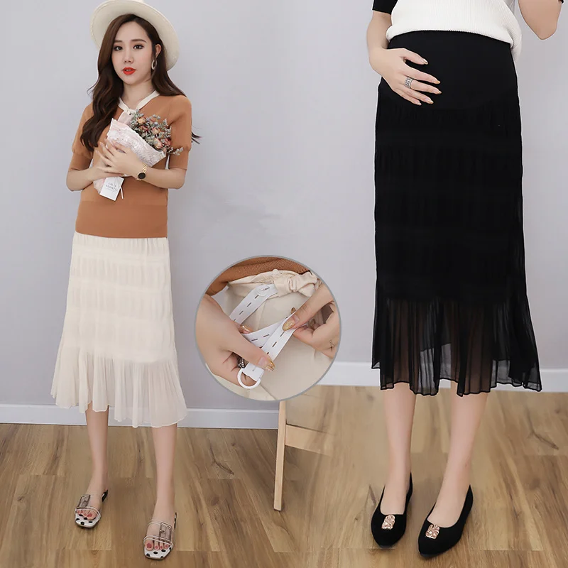 Летняя плиссированная юбка юбки для беременных модная шифоновая одежда для ухода за животом трапециевидная плиссированная юбка с высокой талией черная одежда для беременных C834