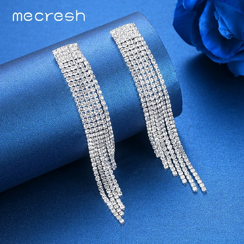 

Mecresh Silver Gold Color Long Tassel Drop Earrings Rhinestone Bridal Wedding Earrings for Women 2019 Engagement Jewelry EH424