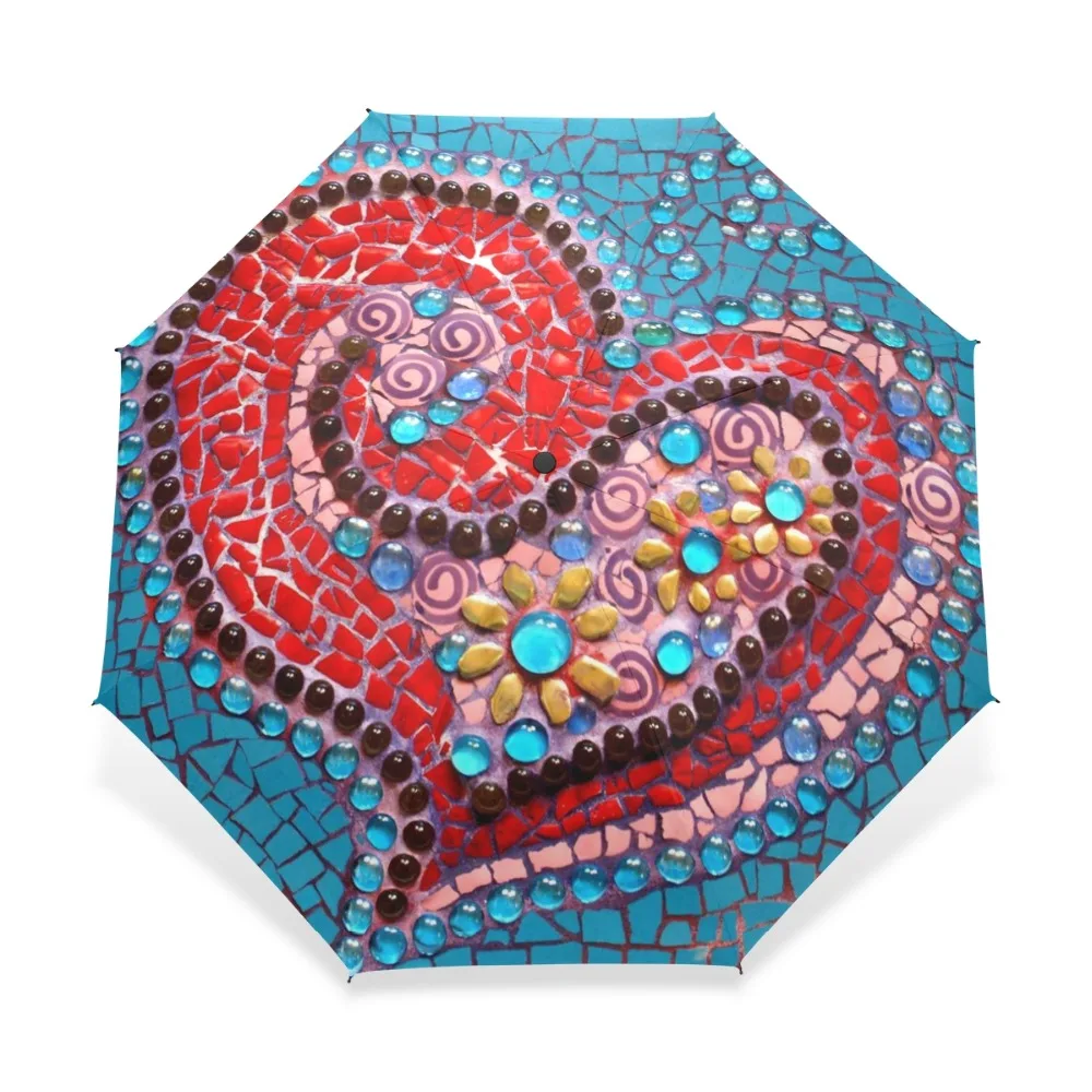 

Brand Automatic Umbrella Rain Women Heart Print Anti UV Three Folding Umbrellas Ladies Parasol Wind Resistant Unique Pattern