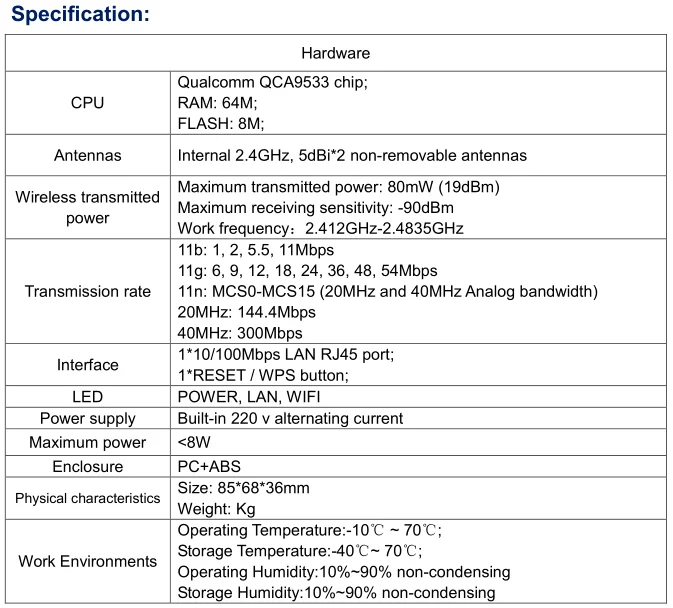 Wireless wifi repeater specification