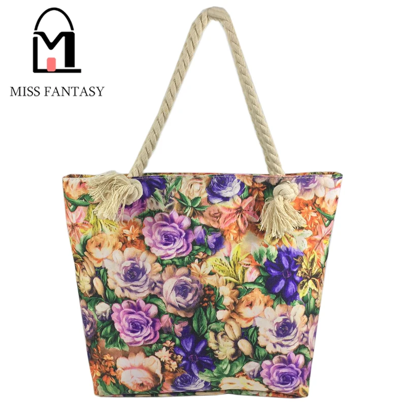 2017 Summer Beach Bag Flower Print Canvas Bag Designer Vintage Women Bag Lady Shoulder Handbag ...