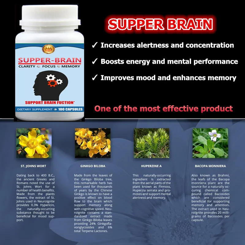

Supper Brain Fuction Support,100pcs/bottle,For focus, memory & brain nootropics,Bacopa Monnieri,St.John's Wort,Ginkgo Biloba