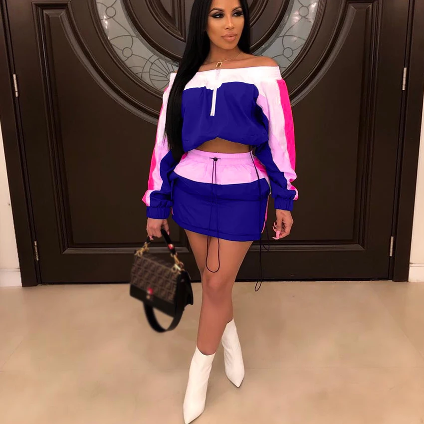 

Sexy Colorblock Two Piece Set Women Elastic Slash Neck T Shirt Tee Top Mini Skirts Casual Fashion Two-Piece Set Sport Streetwear