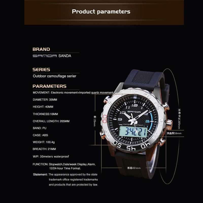 ساندا العلامة التجارية كرونوغراف العسكرية ساعة كوارتز الرجال للماء الرياضة ووتش للرجال الساعات الرقمية العلامة التجارية الفاخرة ساعة الغو...