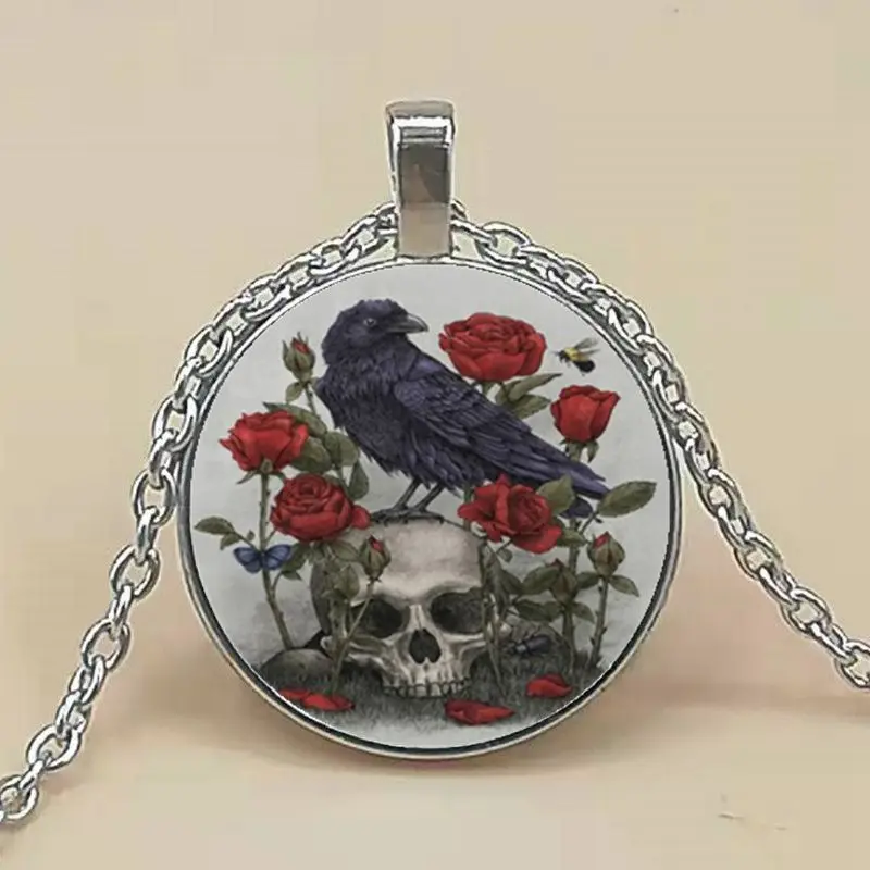 

Necklace Black Crow and Skull Photo Tibet Silver Cabochon Glass Pendant Chain Necklace