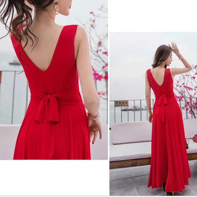 2019 New Summer Beach Dress Women's Fashion Sleeveless V-Beck Red Blue Long Dress Elegant Robes Women's Plus Size 5XL (3)