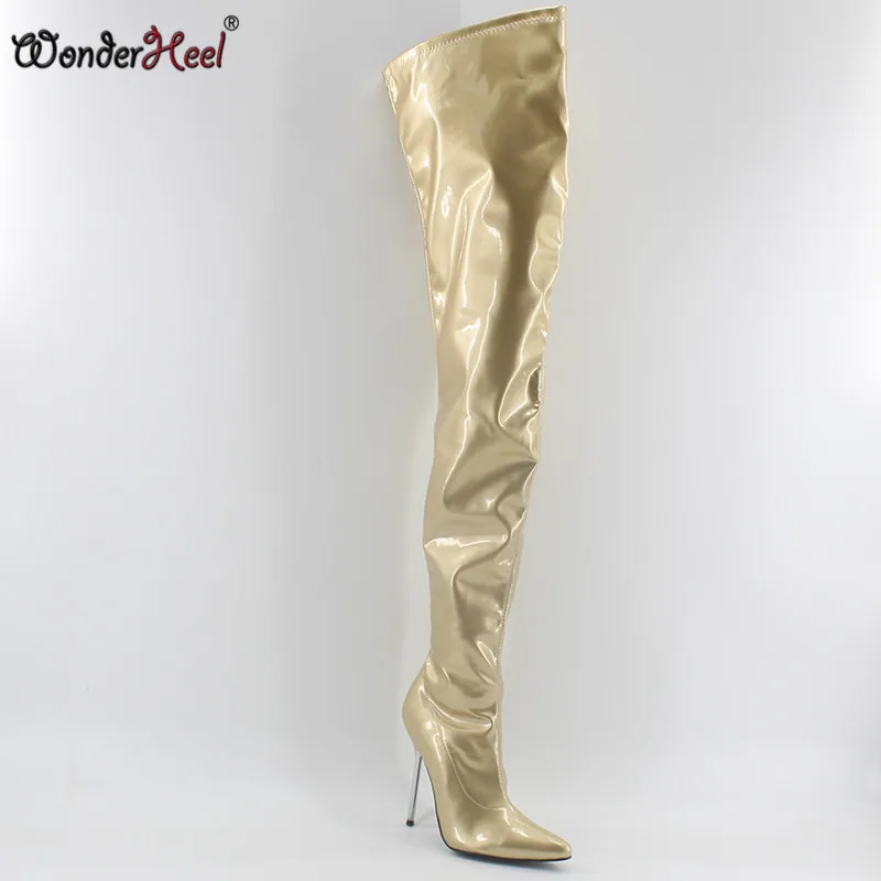 Wonderheel/Сапоги выше колен из искусственной кожи на очень высоком каблуке 12 см, золотистые лакированные сапоги до бедра из ПВХ, сексуальные фетиш сапоги до промежности на высоком каблуке