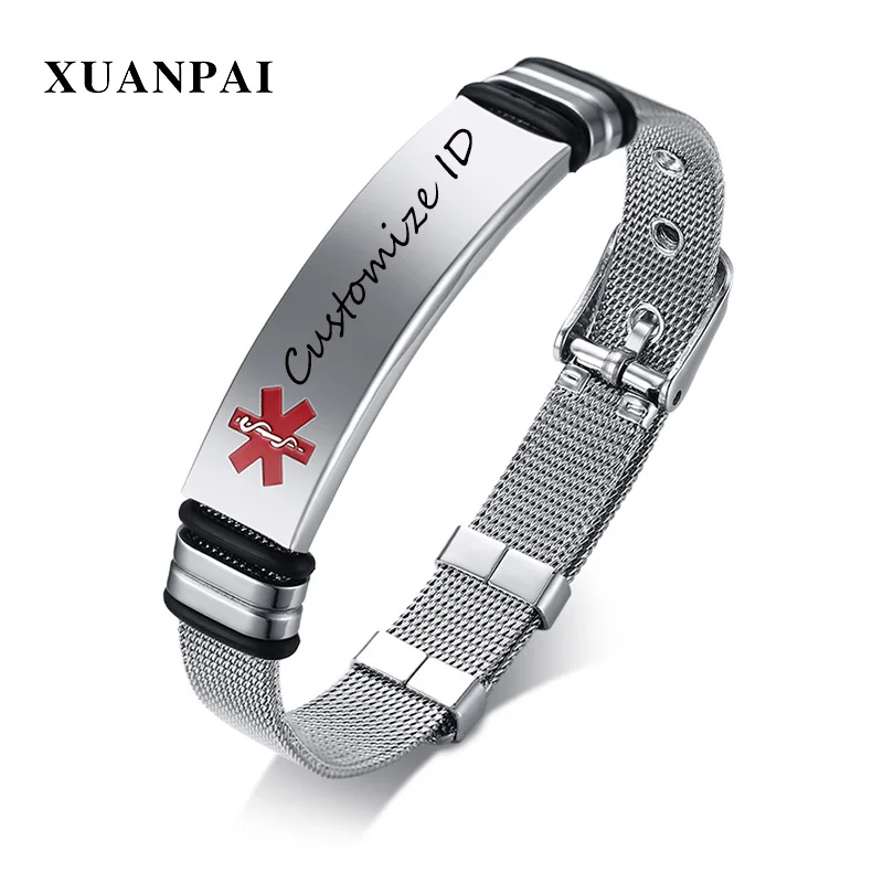 XUANPAI Free Engraving Mens Medical Alert ID Stainless Steel Bracelet