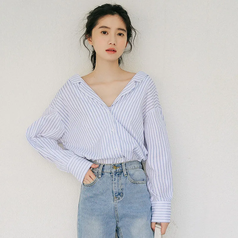 

Sexy V Neck Lace Up Summer Blouse Women Casual Stripe Long Sleeve Shirt Fashion Autumn Ladies Loose Blusas Top