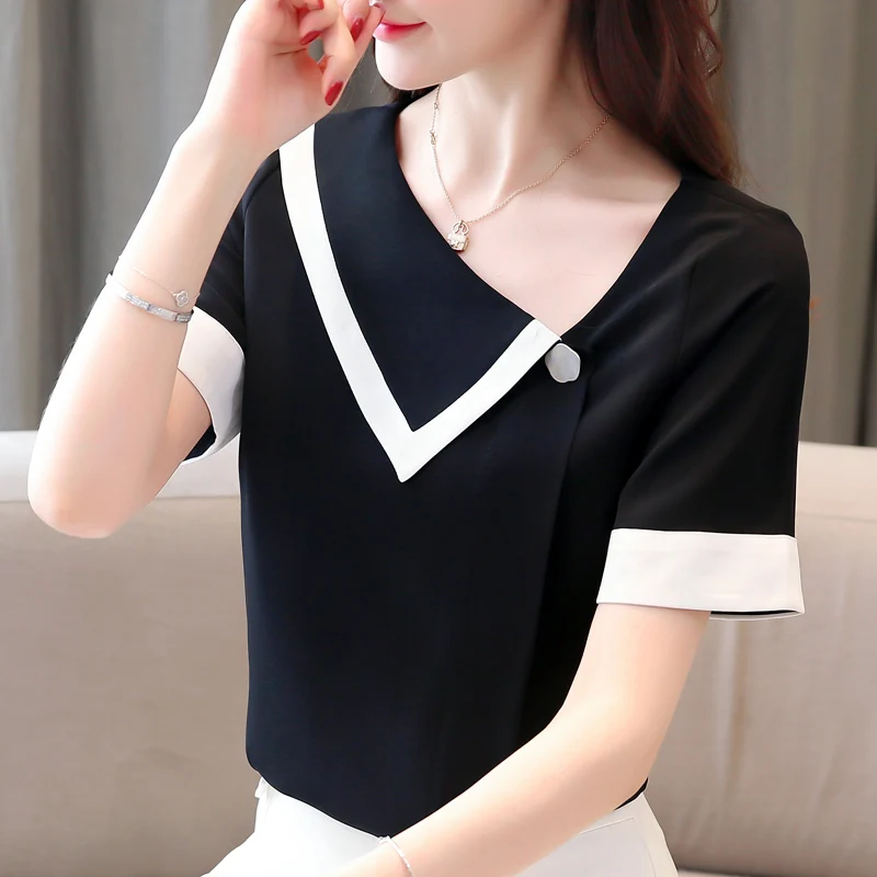 

Korean Fashion Chiffon Women Blouses Solid Short Sleeve White Women Shirts Plus Size Blusas Femininas Elegante Ladies Tops