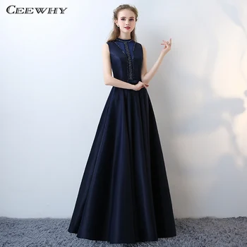 

CEEWHY Open Back Sleeveless Navy Blue Long Evening Gown Dresses Vintage Dubai Evening Dresses Beaded Vestido de Festa Longo