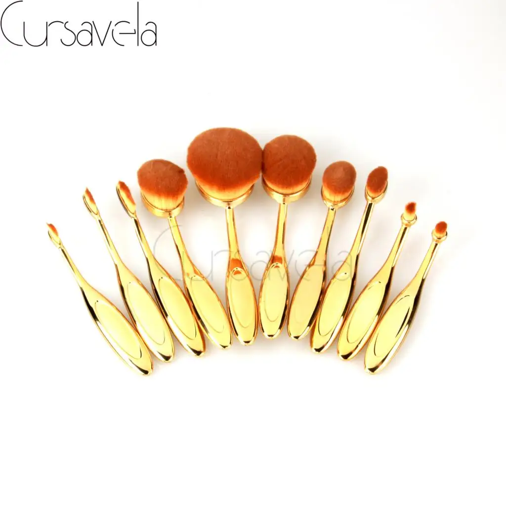 

Make Up Teeth Brush Set 10pcs Gold Oval Powder Eyebrow Eyeliner Lip Foundation Makeup Brushes Cursavela EAB028