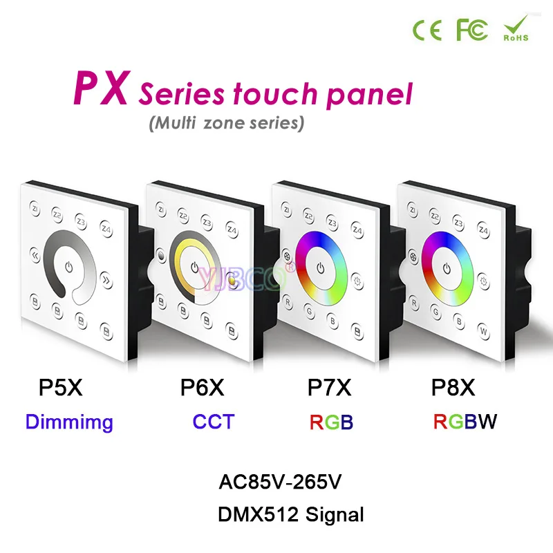 

AC85V-265V Bincolor 2.4G DMX512 Dim/CCT/RGB/RGBW Touch panel P5X/P6X/P7X/P8X;R4-CC-2.4G/R4-2.4G wireless Receiver for led strip