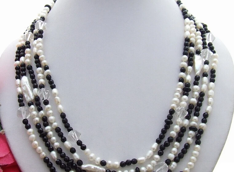 

0001526 5Strds Biwa Pearl&Onyx&Crystal Necklace
