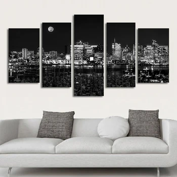 Cuadros Decoration Modern Poster 5 Pieces Black And White City Night View Canvas Painting Wall Art Pictures For Living Room