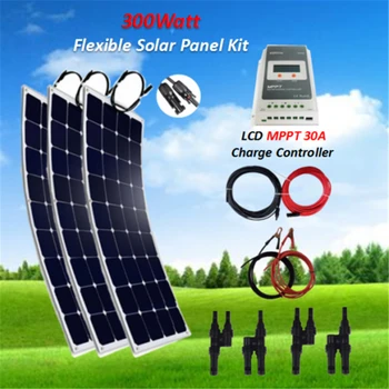 

300 Watt Flexible Solar Panel Kit + 30A LCD MPPT Controller + 5M Solar Cable + 3M Battery Cable + Y Connectors RV Boat Marine
