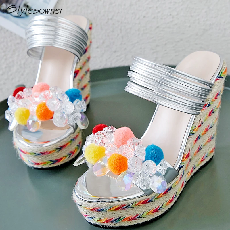 

Stylesowner Silver Strap Platform Wedges Crystal High Heel Slippers Summer Espadrills Rainbow Knit High Heels Slides 2018 Mules