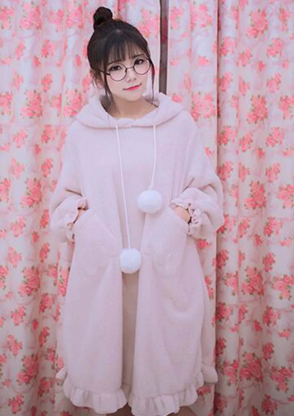 1 предмет, розовая/белая Милая флисовая одежда для сна с капюшоном и кошачьими ушками, с хвостом, ночная рубашка в стиле «Лолита», короткий/длинный