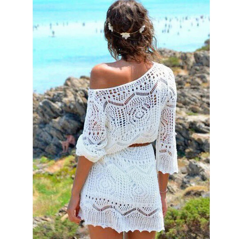

White Women Summer Sexy Lace Crochet Knit Bikini Cover Up Beach Dress Top Blousa with Belt