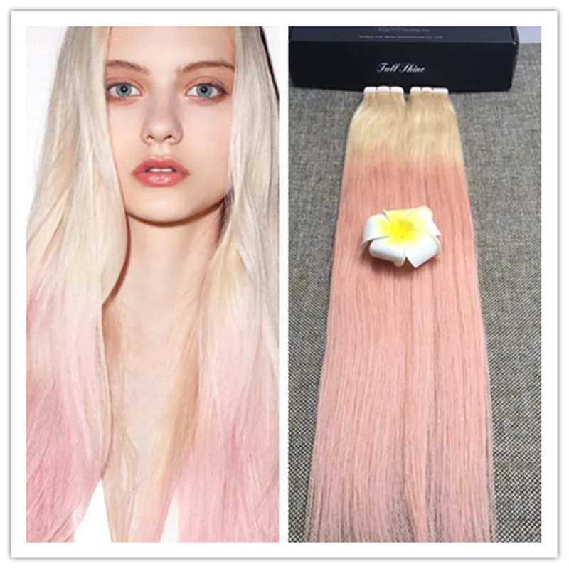 

Full Shine Pink Balayage Ombre Brazilian Hair Extensions Tape in Human Hair Extensions Double Weft Hair Straight Tape Extensions