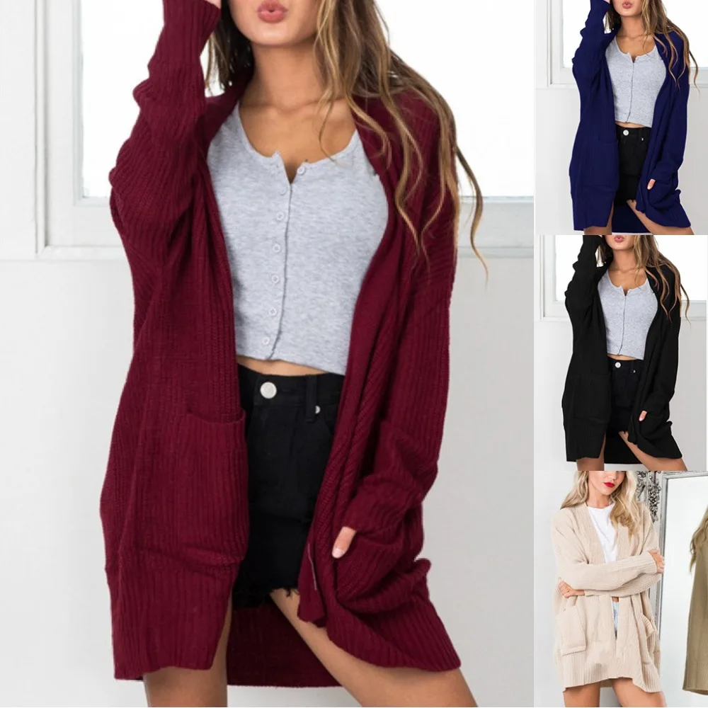 Womens Open Front Long Sleeve Cardigan Ribbed Knitted Solid Color Loose Sweaters