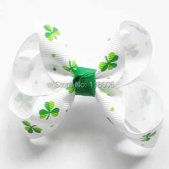Four Leaf Clover Polyester RIbbon Hair Bow in St Patrick Day.jpg
