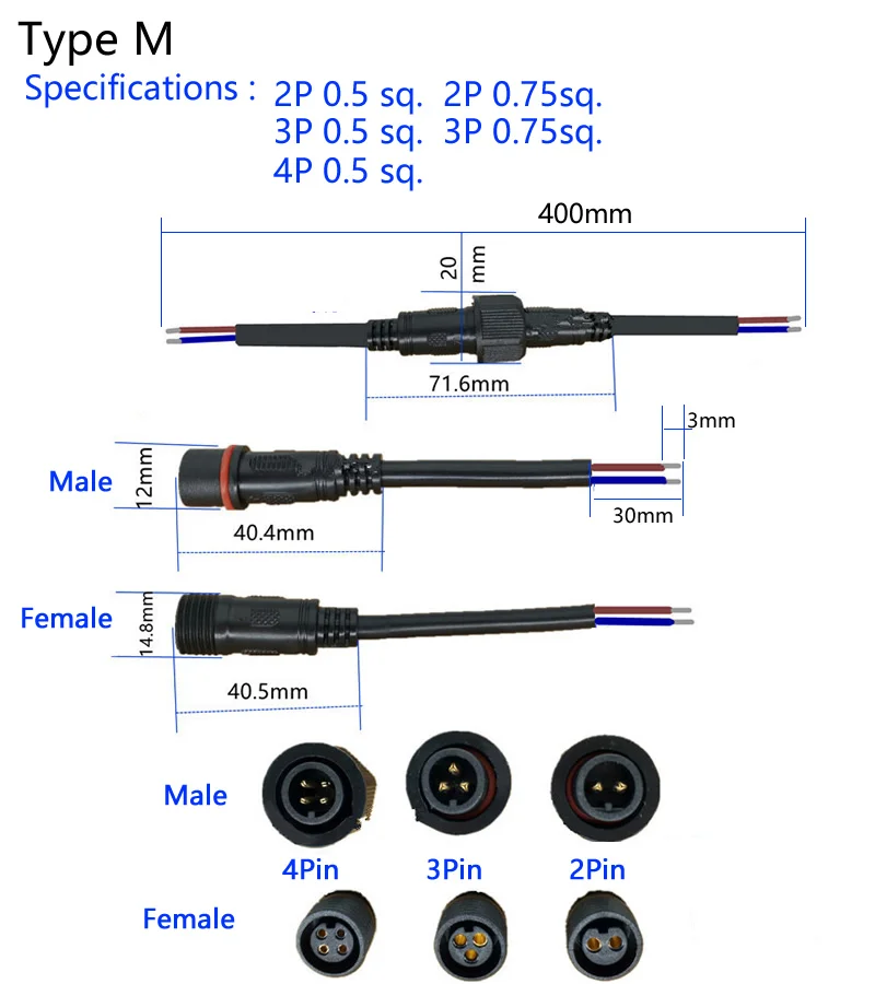 5 пар водонепроницаемый разъем ток 4A/6A 2 pin/3 pin/4 pin с проводным кабелем IP67 штекер «Мама-папа» 0,5/0,75(мм2