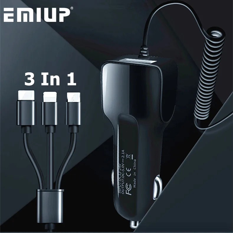 EMIUP 3 في 1 شاحن سيارة USB ل فون X 7 XS ماكس سيارة-شاحن المصغّر USB نوع C الهاتف المحمول تهمة لسامسونج S9 S8 Xiaomi