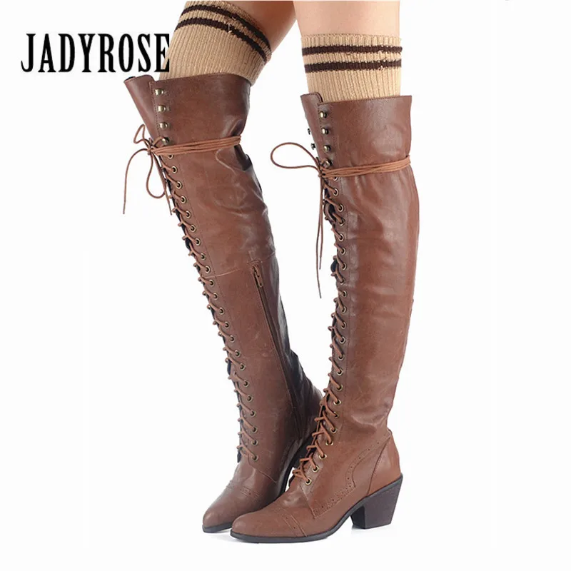 

Jady Rose Sexy Lace Up Genuine Leather Women Over The Knee Boots Pointed Toe Thigh High Boots Female High Heel Riding Boot