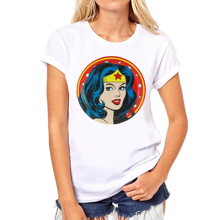 2016 Mujer Maravilla impresión Sexy camiseta moda Punk Tops impreso mujeres camiseta Camisetas femeninas mujeres Top Camisetas tamaño europeo