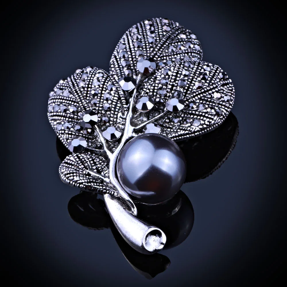 FARLENA Jewelry Full Rhinestones Imitated Pearl Brooches Pins for Women Suit Hats Clips Antique Silver Plated leaf Brooch | Украшения и