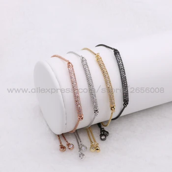 

Wholesale mix colors rectangle braceletsmicro pave small stone retangle charm adjustable chain Macrame bracelet for women 1064