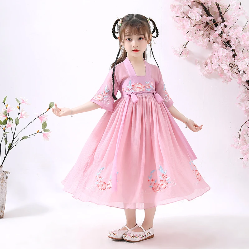 Летняя одежда для девочек в китайском стиле розовый старинный китайский костюм Hanfu и традиционный наряд народная одежда для танцевального