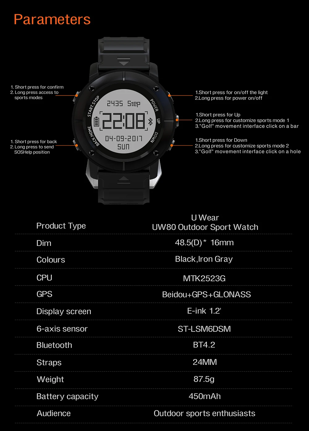 Uwear UW80 1.2 ''OLED из нержавеющей стали smart bluetooth V4.0 GPS часы Спорт на открытом воздухе 10 м водонепроницаемый вызывает сообщение напоминание