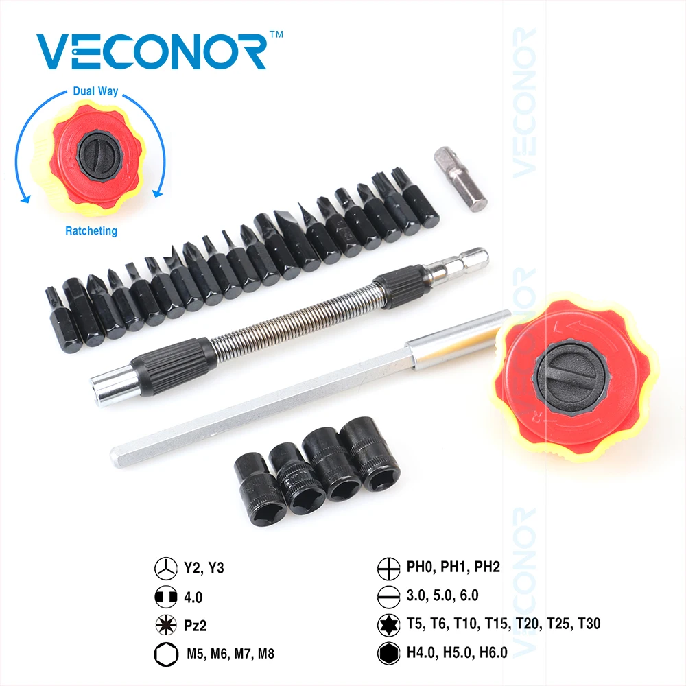 

Veconor 27 pieces reversible 2 way ratcheting palm screwdriver & bits set flexible extension bar CrV