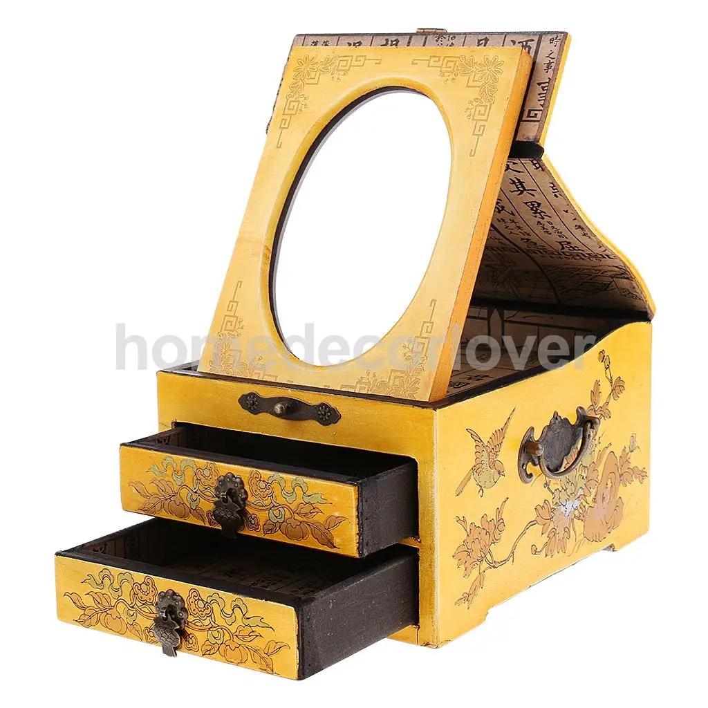 Vintage Wooden Dresser 2 Drawer 1 Mirror for Jewelry Storage Case Box Yellow