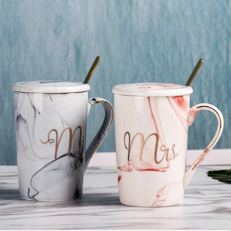 

Marble Ceramic Coffee Mug With Lids and Spoons, Perfect Gifts for Women Friend, Mom & lover, 13ounce/380ml
