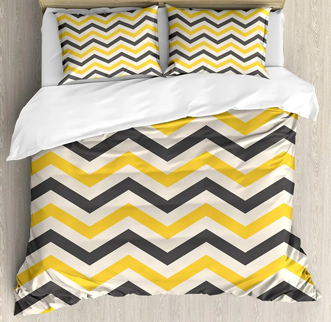 

Yellow Chevron Duvet Cover Set Large Zigzags in Retro Design Geometrical Horizontal Tile, Decorative 3 Piece Bedding Set