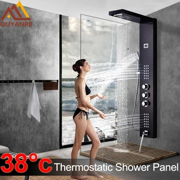 

Black Thermostatic Digital Shower Panel Faucets Column Rain Waterfall Shower Massage SPA Jets Three Handle Mixer Tap Bath Shower