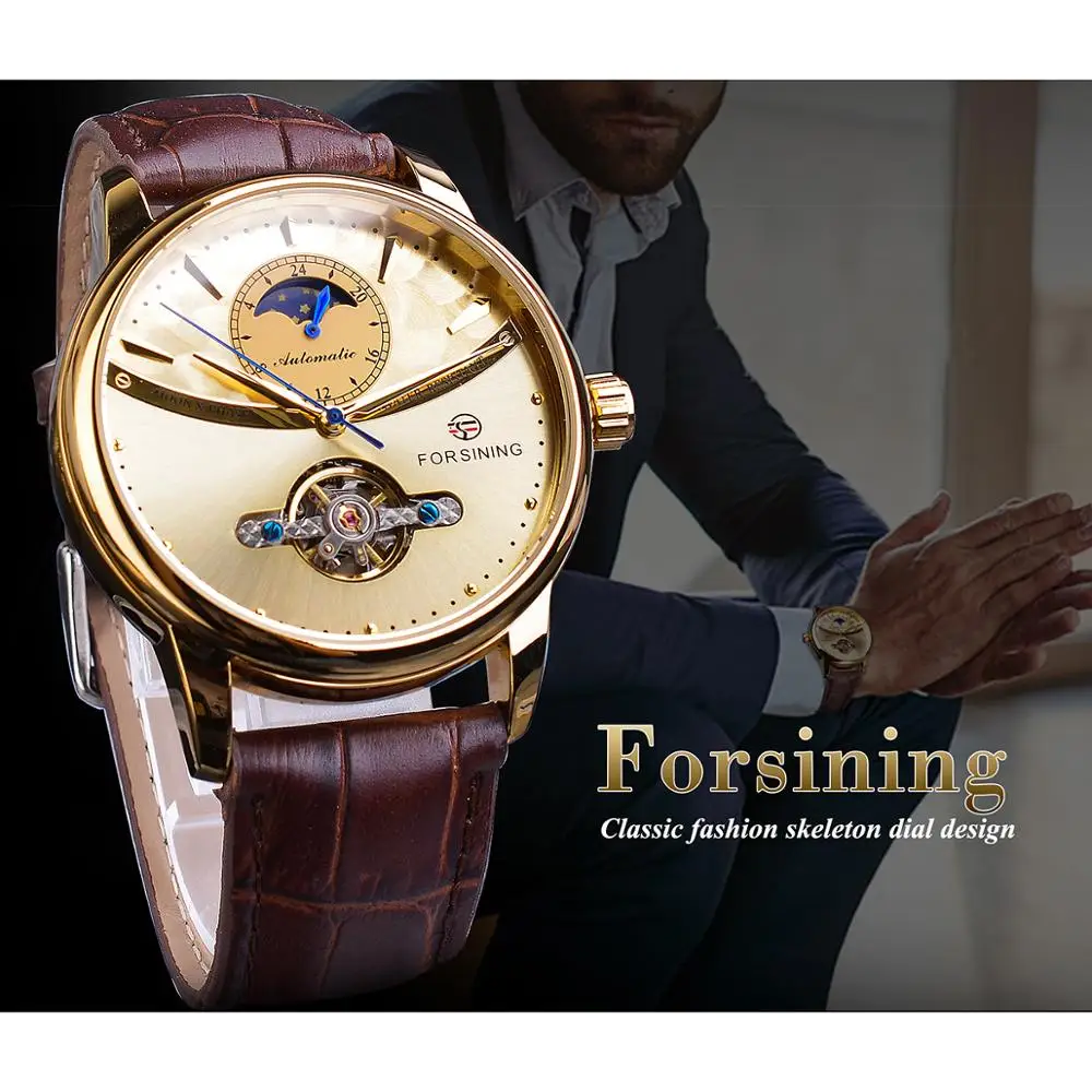 Forsining Moonphase автоматические часы Королевский для мужчин Полный Золотой Скелет Механические Мужские наручные часы коричневый из натуральной кожи Reloj Hombre