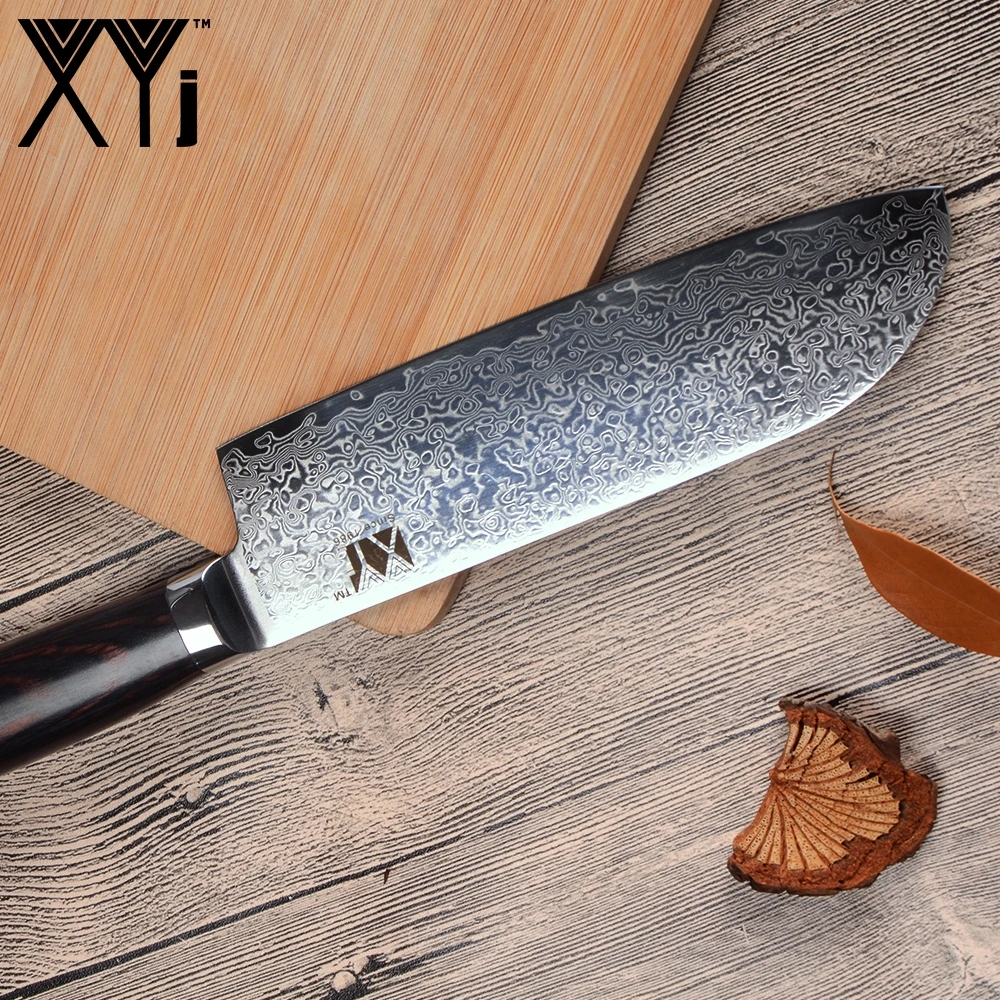 XYj Handmade Damascus Knife Beauty Pattern 73 Layers VG10 Damascus Steel 7 inch Santoku Knife Color Wood Handle Kitchen Knives