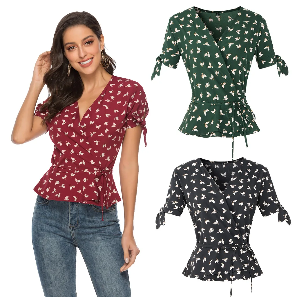 

Women Summer Printed Floral Plus Size Chiffon Blouse Crop Top Women Casual V Neck Short Sleeve Female Blouses Sweet A50